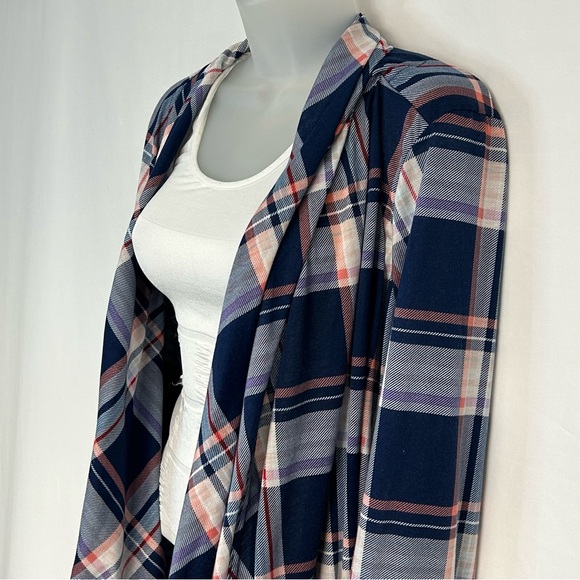 New York Laundry Womens Duster Cardigan Size 2X Open Roll Tab Sleeves Plaid Blue - Picture 4 of 7